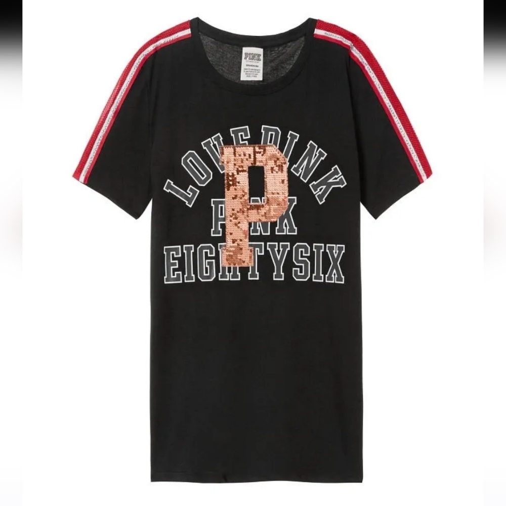 Victoria's Secret PINK Black Bling Sequin Rhinestone Perfect Crew Tee Size Large